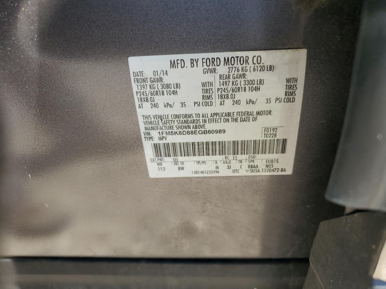 2014 Ford Explorer Xlt VIN: 1FM5K8D88EGB60989 Lot: 68351595