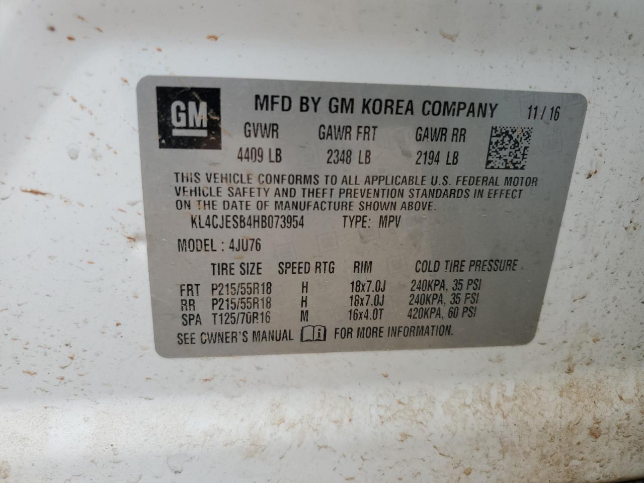 2017 Buick Encore Preferred VIN: KL4CJESB4HB073954 Lot: 69050955