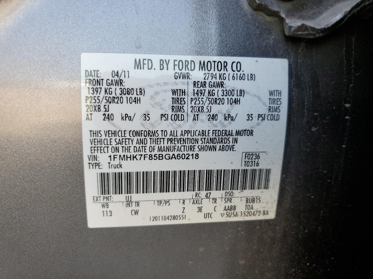 2011 Ford Explorer Limited VIN: 1FMHK7F85BGA60218 Lot: 66141365