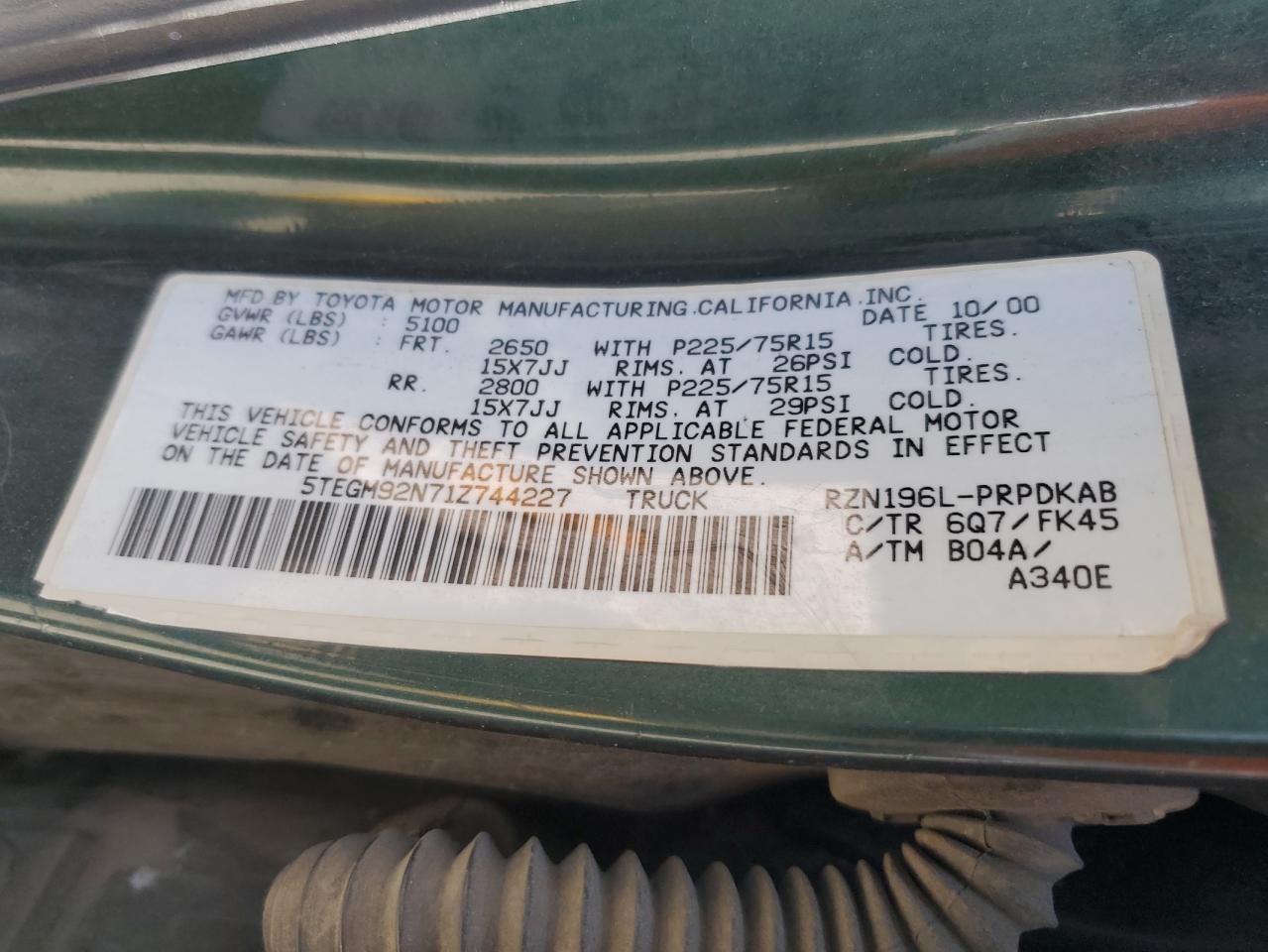 2001 Toyota Tacoma Double Cab Prerunner VIN: 5TEGM92N71Z744227 Lot: 66923385