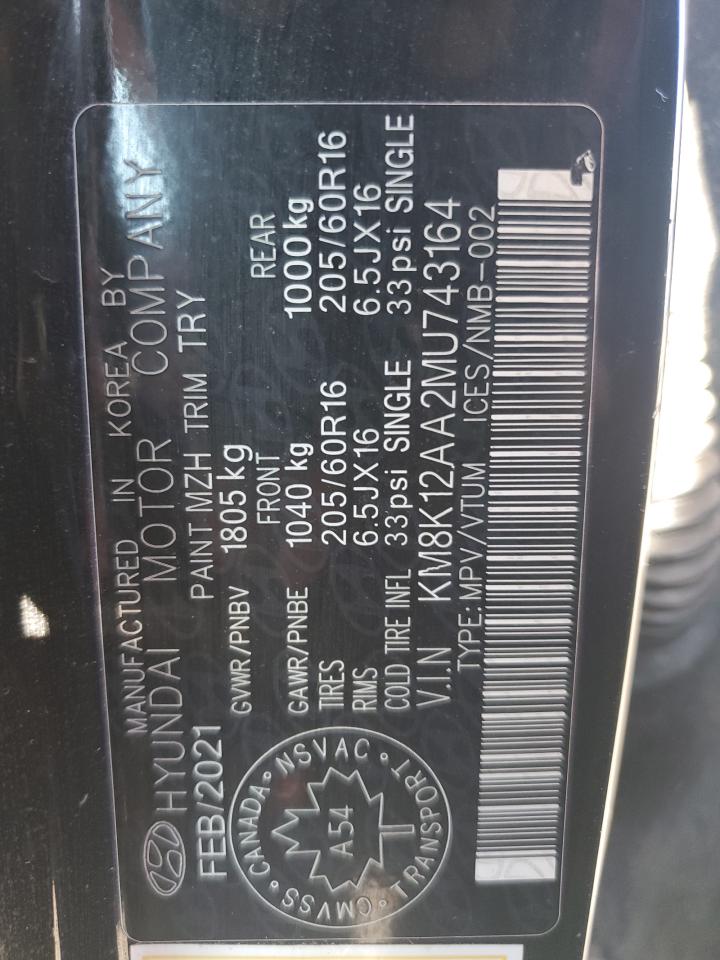 2021 Hyundai Kona Se VIN: KM8K12AA2MU743164 Lot: 70269175