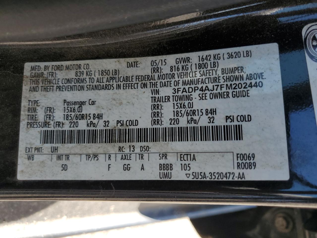 2015 Ford Fiesta S VIN: 3FADP4AJ7FM202440 Lot: 66294705