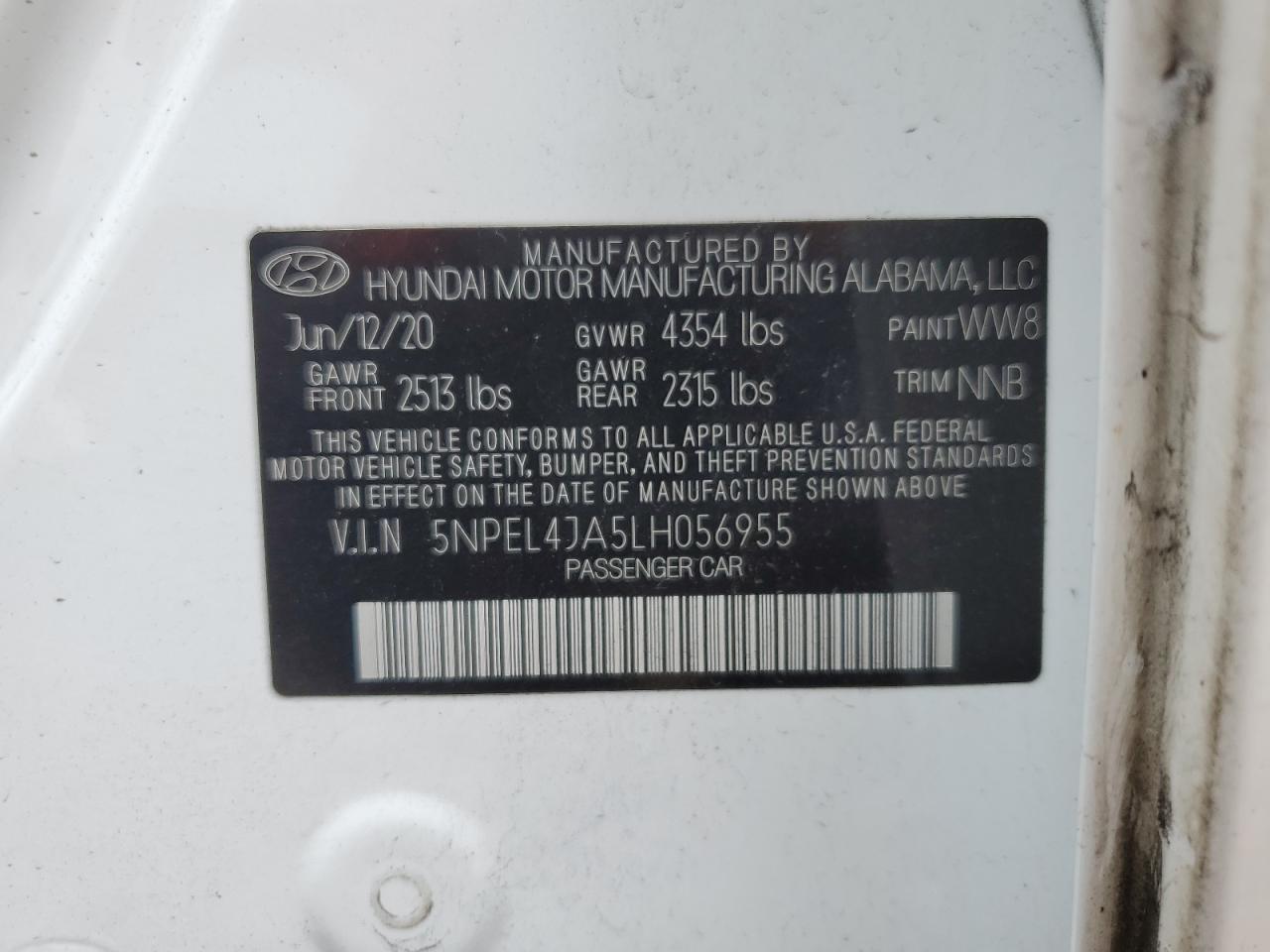 2020 Hyundai Sonata Sel VIN: 5NPEL4JA5LH056955 Lot: 67293545