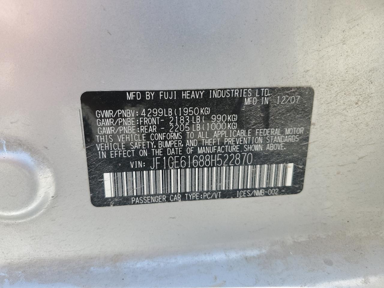 2008 Subaru Impreza 2.5I VIN: JF1GE61688H522870 Lot: 68492835