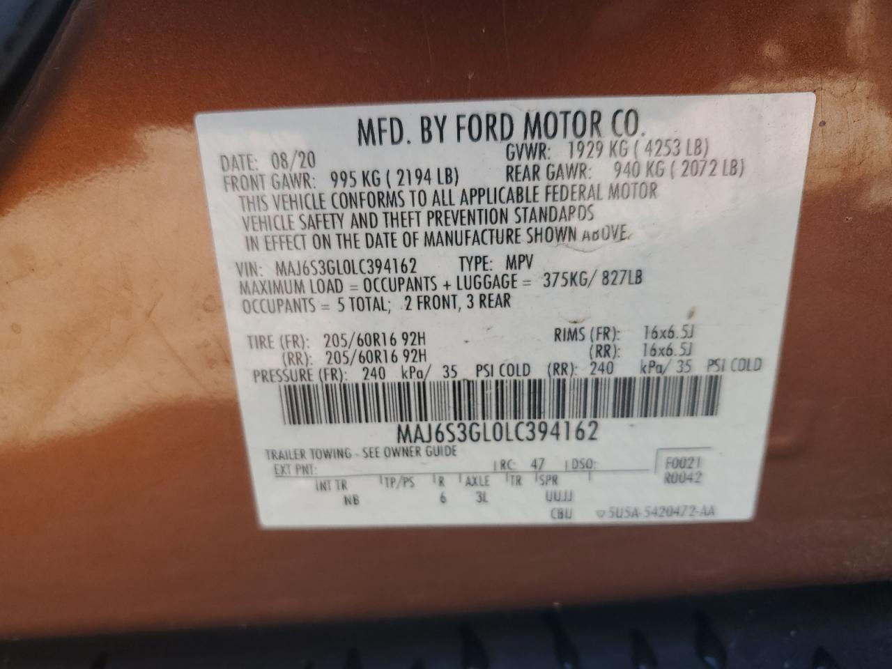 2020 Ford Ecosport Se VIN: MAJ6S3GL0LC394162 Lot: 70215785
