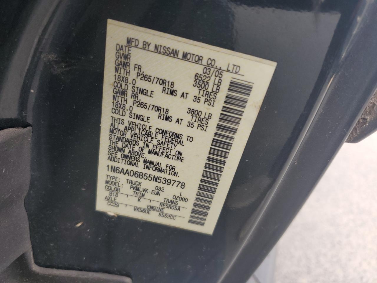 2005 Nissan Titan Xe VIN: 1N6AA06B55N539778 Lot: 69260095