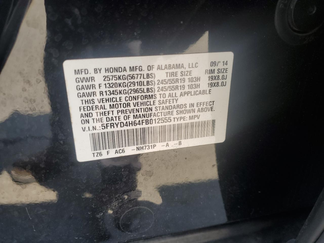 2015 Acura Mdx Technology VIN: 5FRYD4H64FB012555 Lot: 68889175