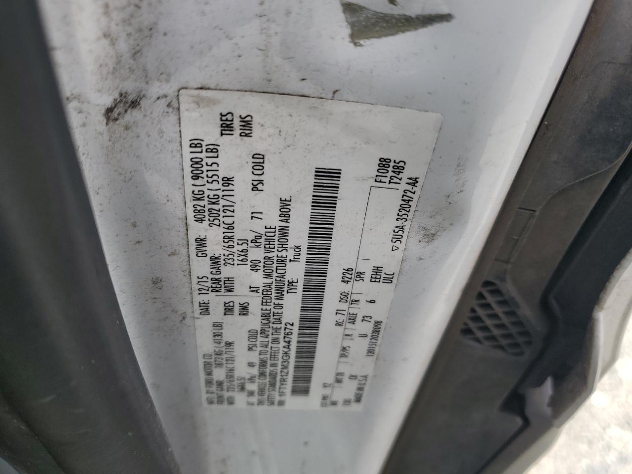 2016 Ford Transit T-250 VIN: 1FTYR1ZM3GKA47672 Lot: 69633565