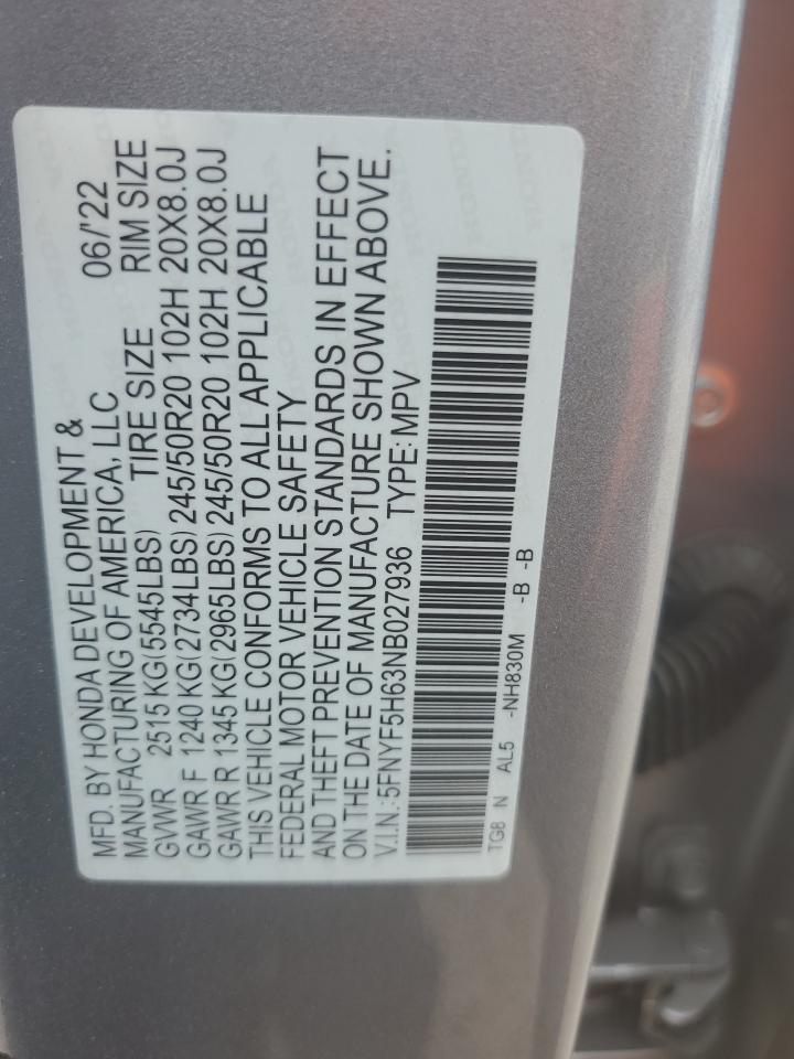 2022 Honda Pilot Touring VIN: 5FNYF5H63NB027936 Lot: 68381775