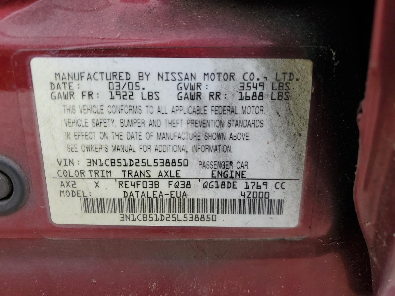 2005 Nissan Sentra 1.8 VIN: 3N1CB51D25L538850 Lot: 68101435