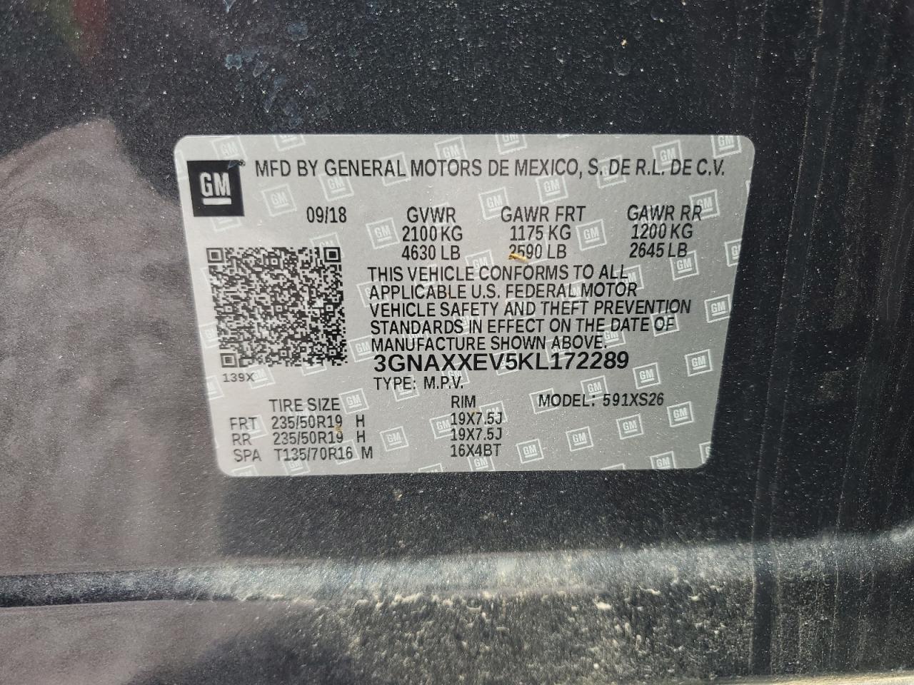 2019 Chevrolet Equinox Premier VIN: 3GNAXXEV5KL172289 Lot: 70424615