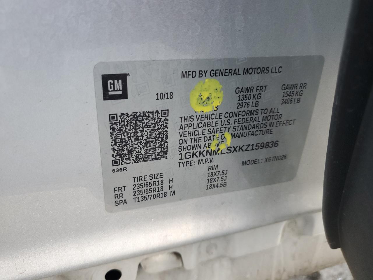 2019 GMC Acadia Slt-1 VIN: 1GKKNMLSXKZ159836 Lot: 71130065