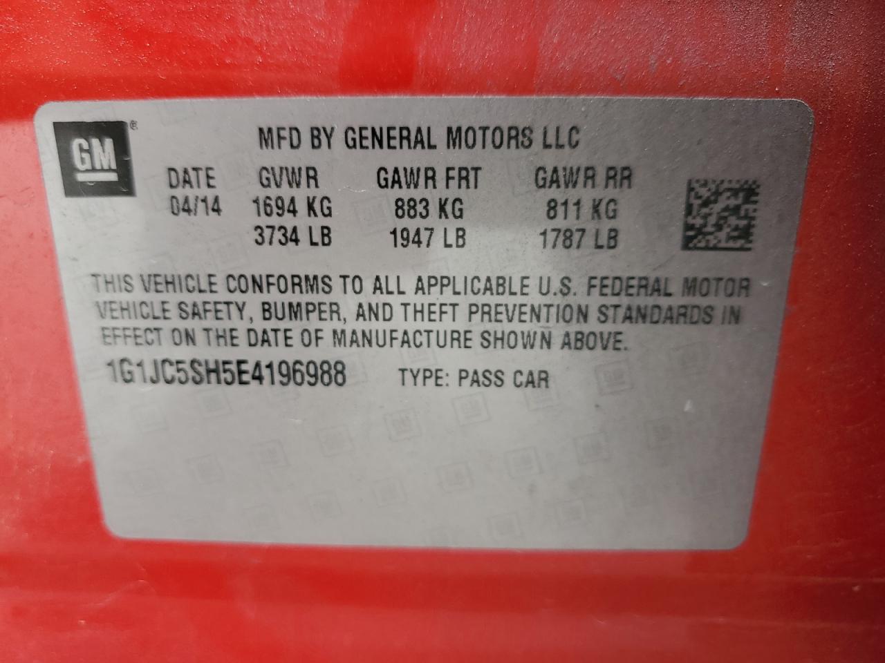 2014 Chevrolet Sonic Lt VIN: 1G1JC5SH5E4196988 Lot: 69935555