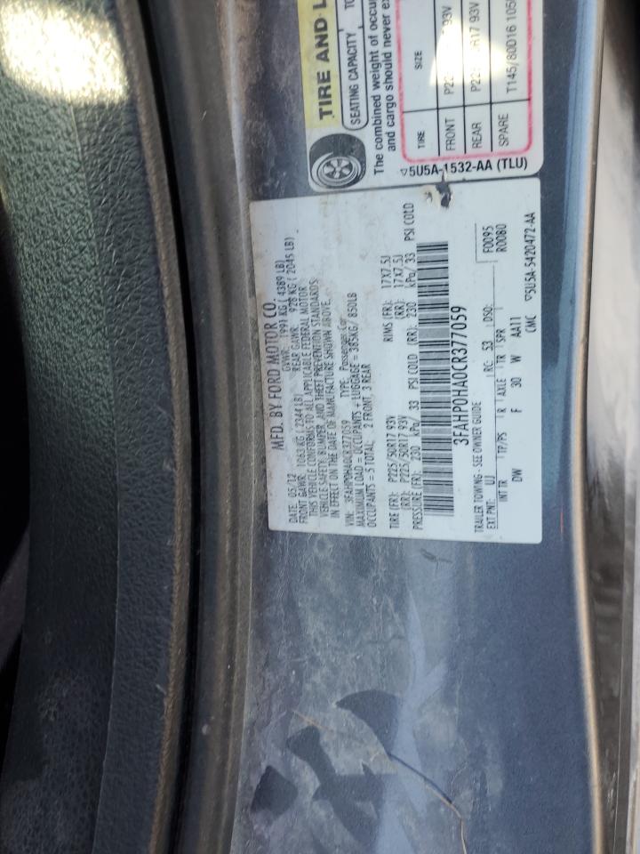 2012 Ford Fusion Se VIN: 3FAHP0HA0CR377059 Lot: 69411295