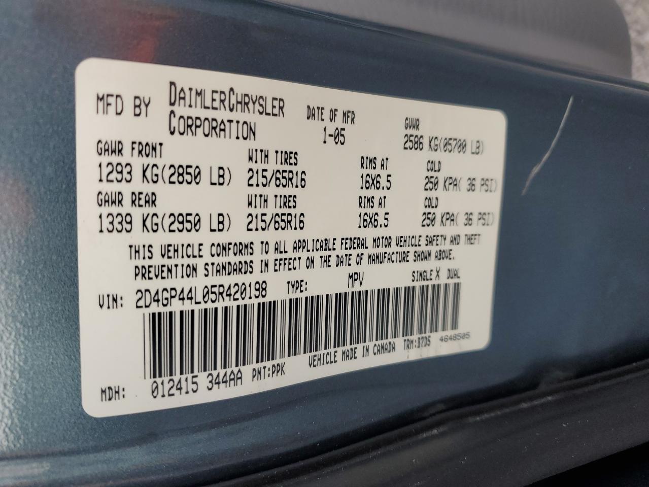 2005 Dodge Grand Caravan Sxt VIN: 2D4GP44L05R420198 Lot: 70580795