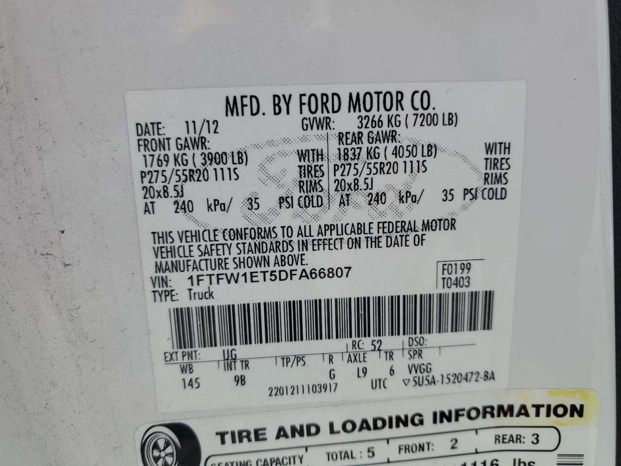 2013 Ford F150 Supercrew VIN: 1FTFW1ET5DFA66807 Lot: 68156355