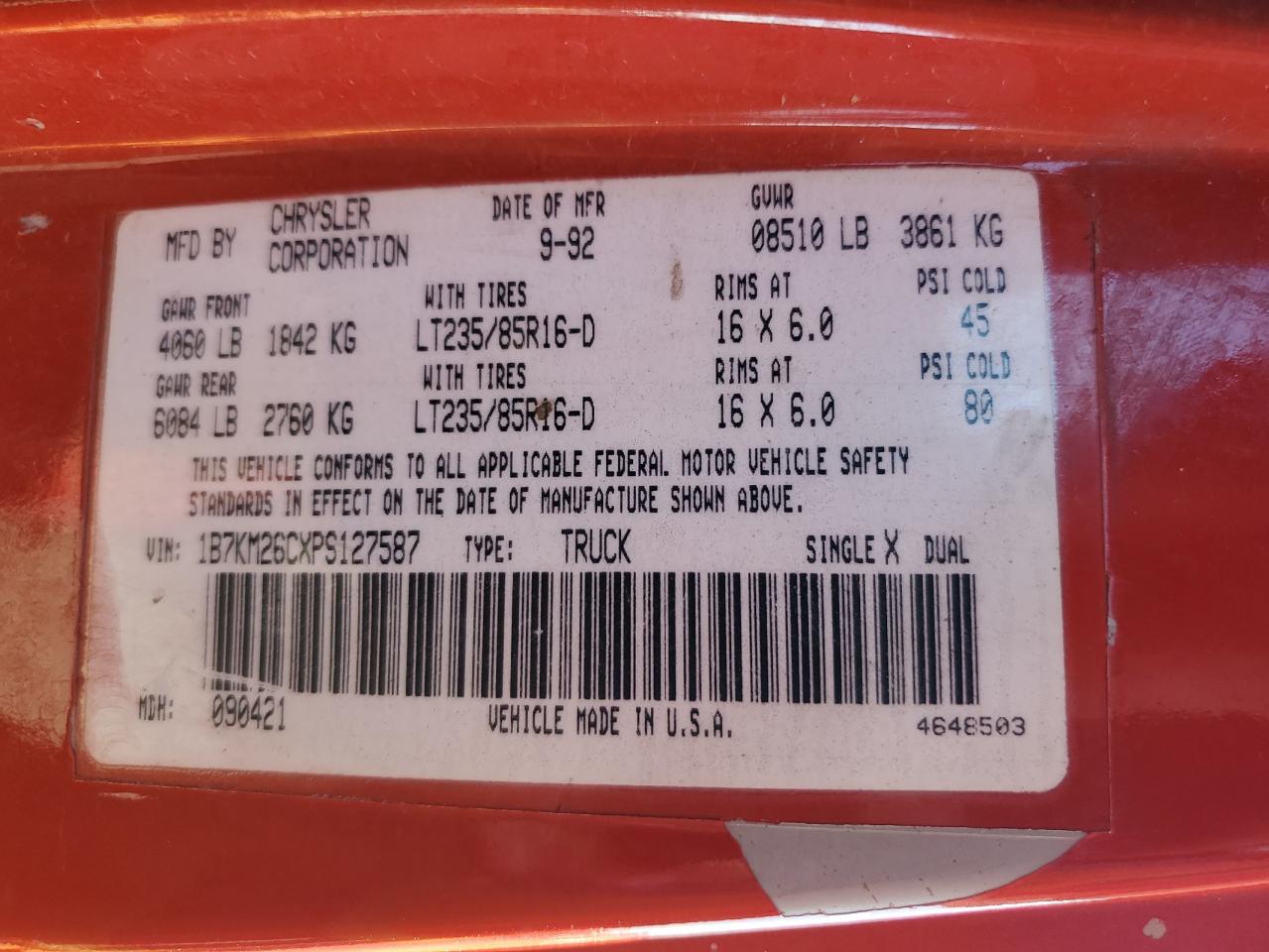 1993 Dodge W-Series W200 VIN: 1B7KM26CXPS127587 Lot: 67780235