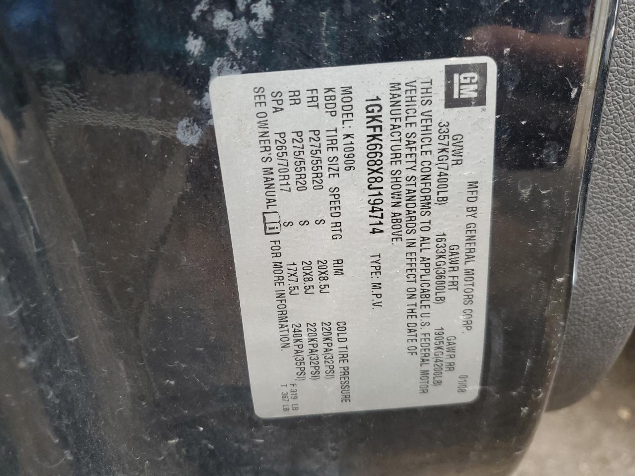 2008 GMC Yukon Xl Denali VIN: 1GKFK668X8J194714 Lot: 69285985