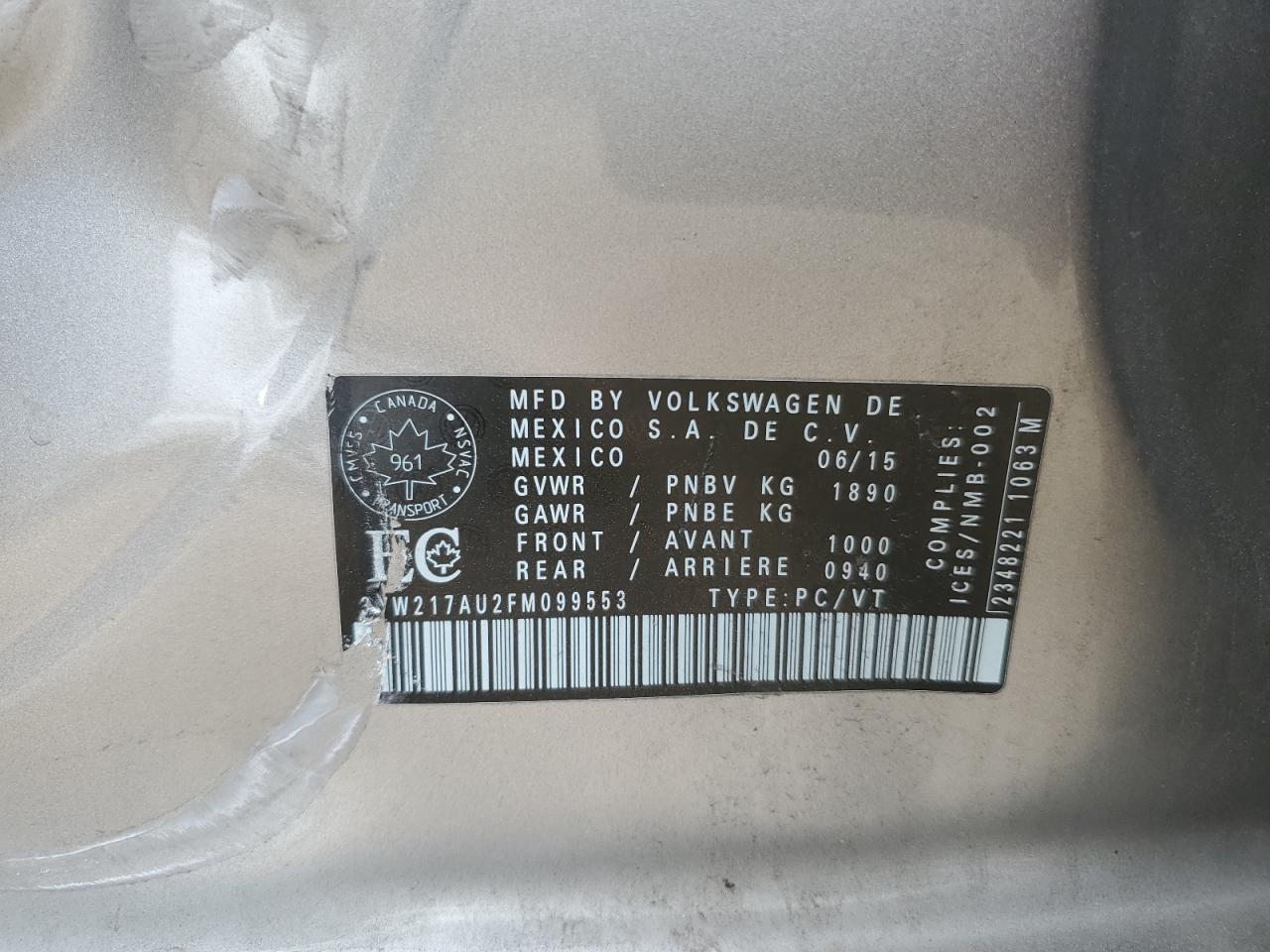 2015 Volkswagen Golf VIN: 3VW217AU2FM099553 Lot: 66949695