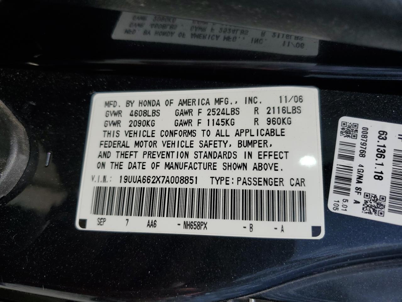 2007 Acura Tl VIN: 19UUA662X7A008851 Lot: 70740225