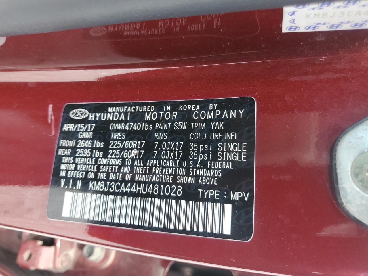 2017 Hyundai Tucson Limited VIN: KM8J3CA44HU481028 Lot: 68672855