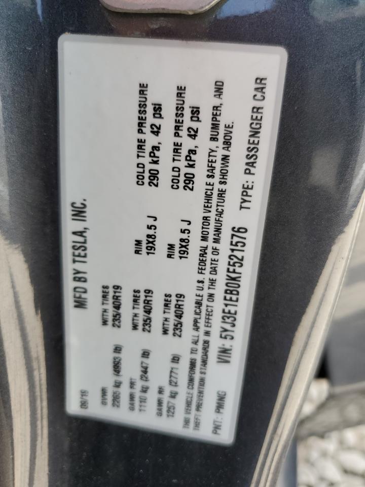 2019 Tesla Model 3 VIN: 5YJ3E1EB0KF521576 Lot: 68528855