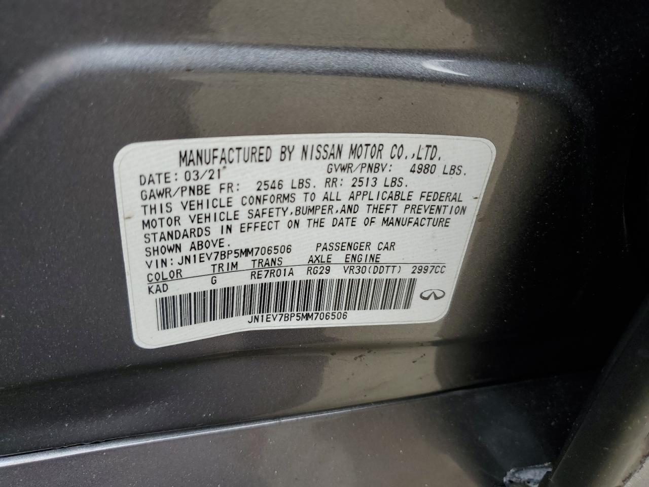 2021 Infiniti Q50 Luxe VIN: JN1EV7BP5MM706506 Lot: 68909065