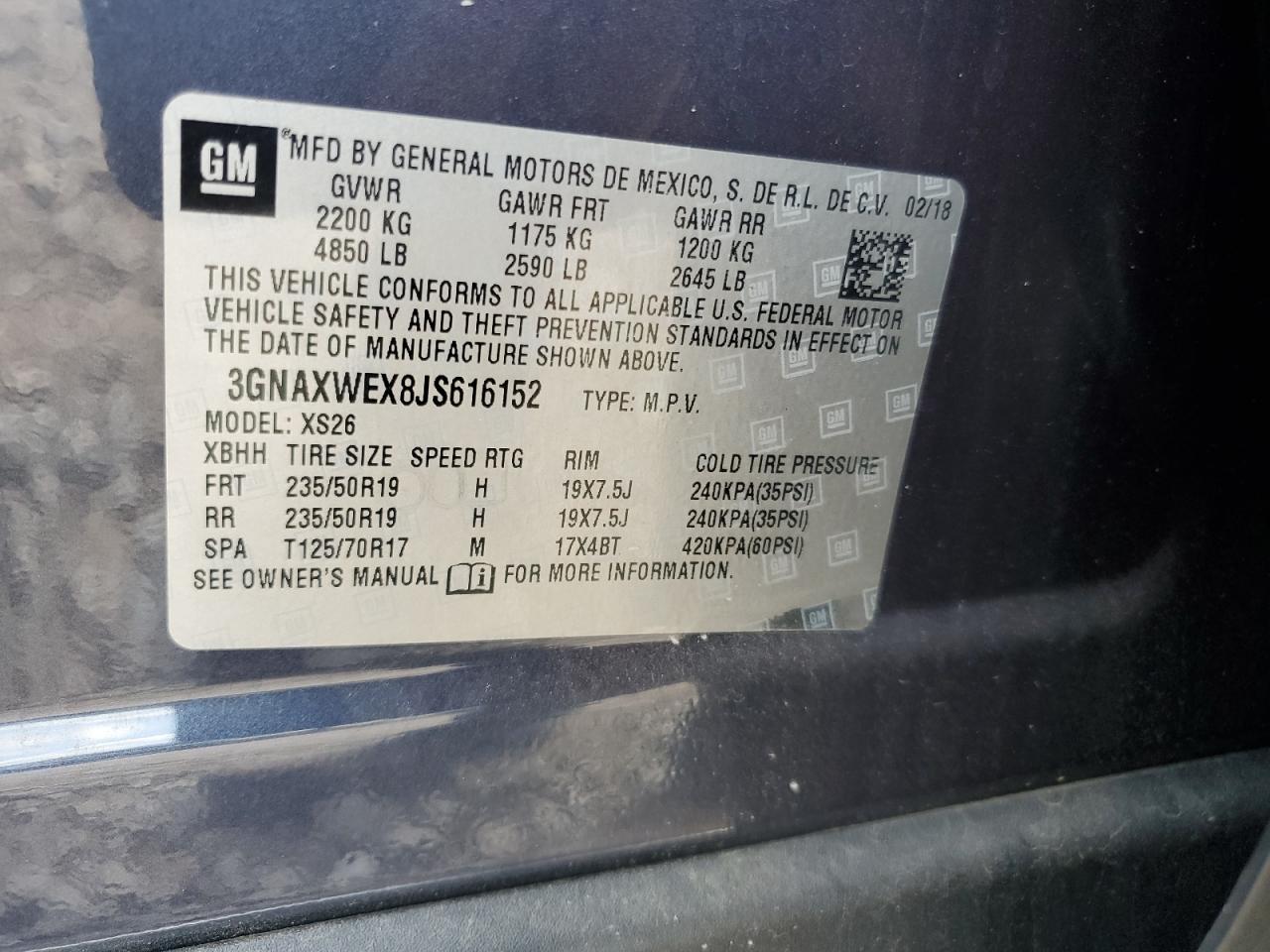 2018 Chevrolet Equinox Premier VIN: 3GNAXWEX8JS616152 Lot: 69155685