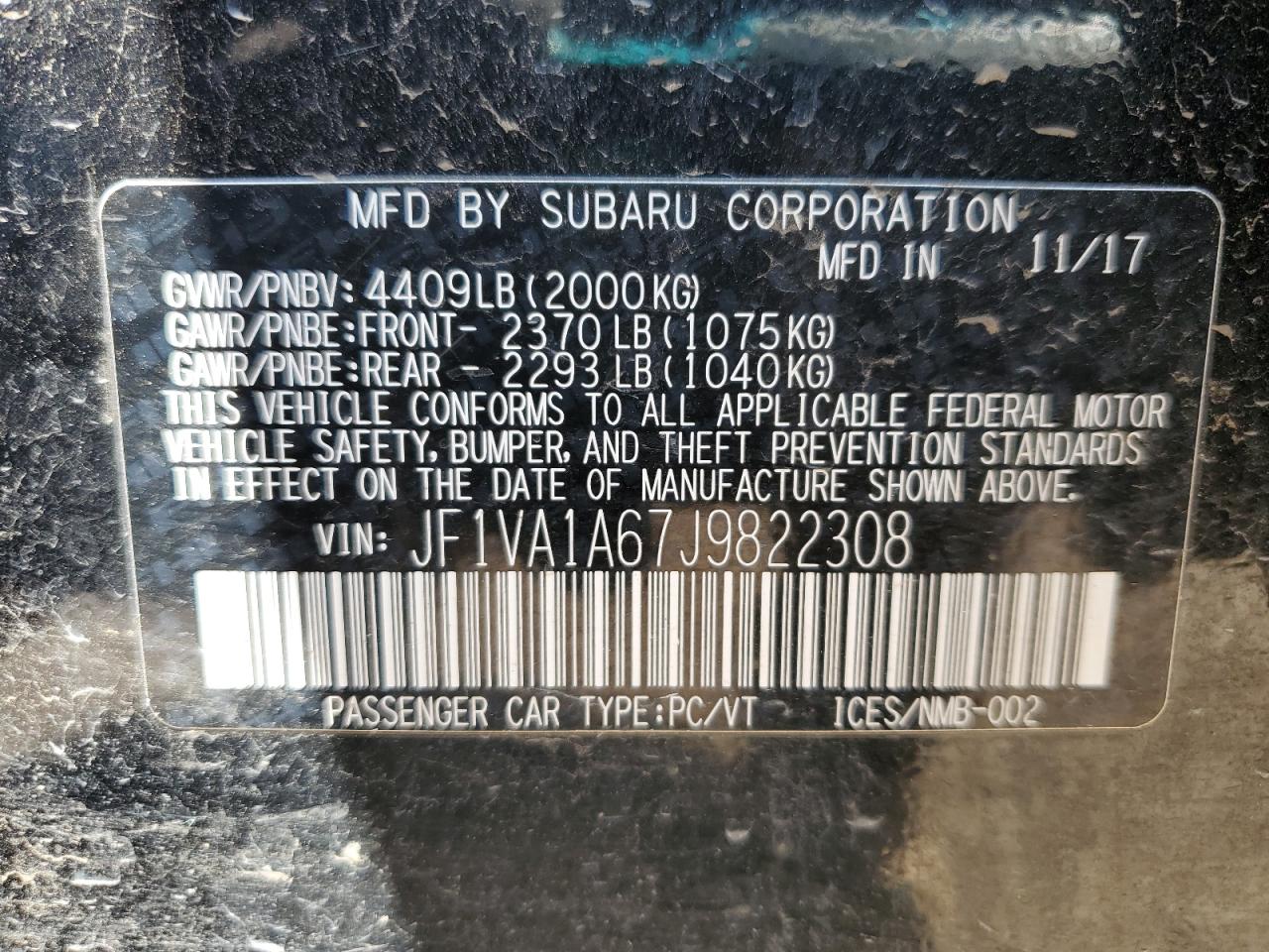 2018 Subaru Wrx VIN: JF1VA1A67J9822308 Lot: 67512025