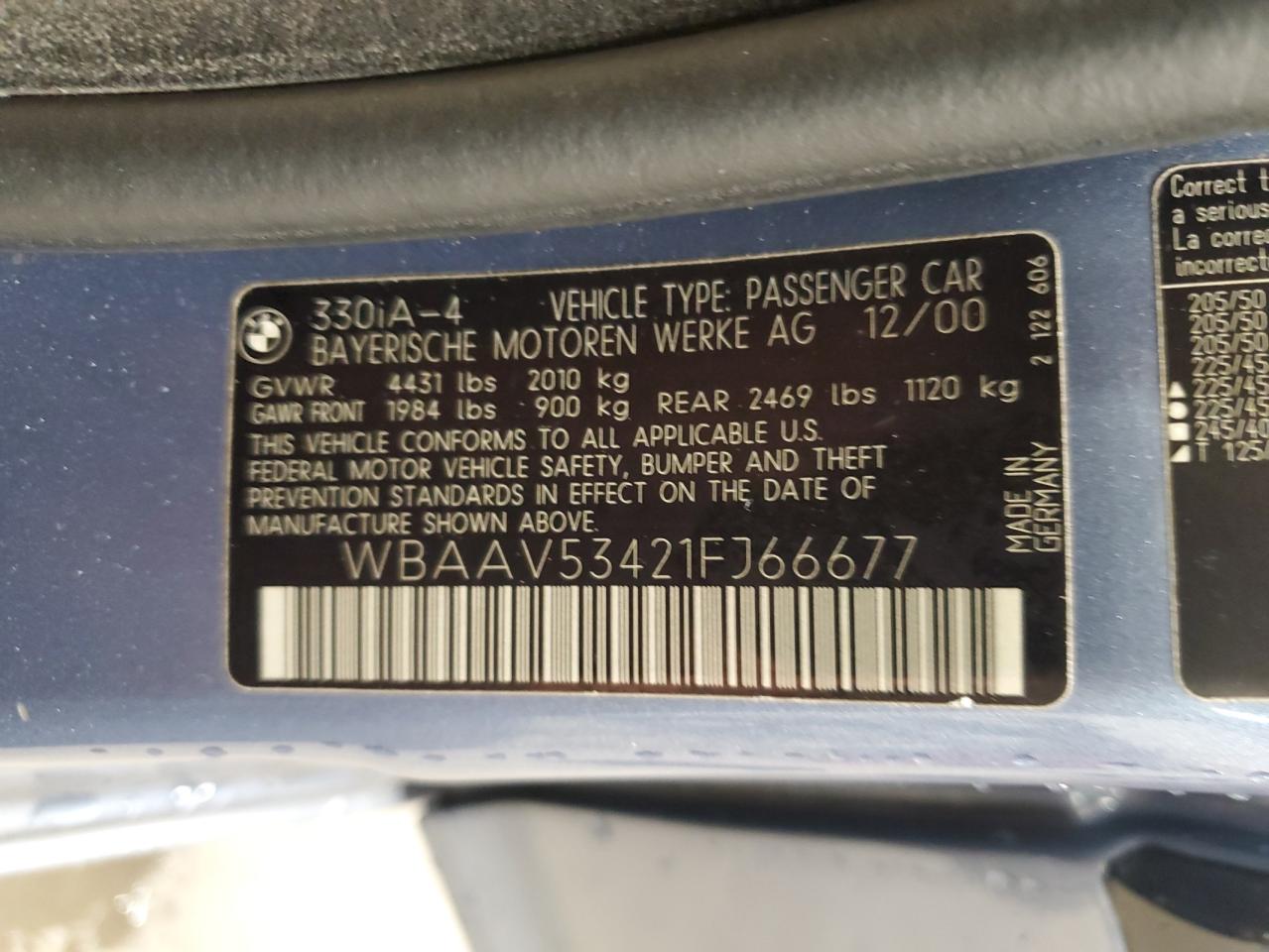 2001 BMW 330 I VIN: WBAAV53421FJ66677 Lot: 67540405