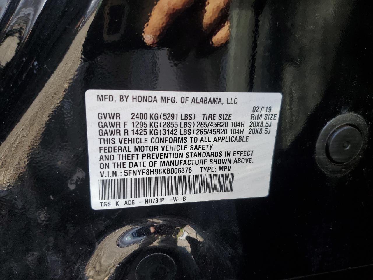 2019 Honda Passport Touring VIN: 5FNYF8H98KB006376 Lot: 69685155