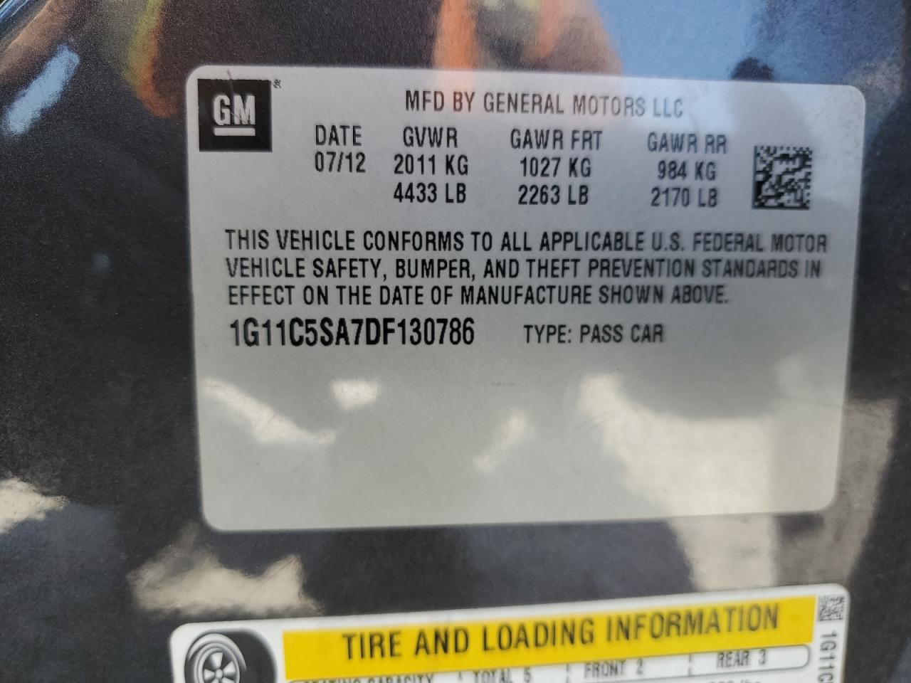 2013 Chevrolet Malibu 1Lt VIN: 1G11C5SA7DF130786 Lot: 66016325