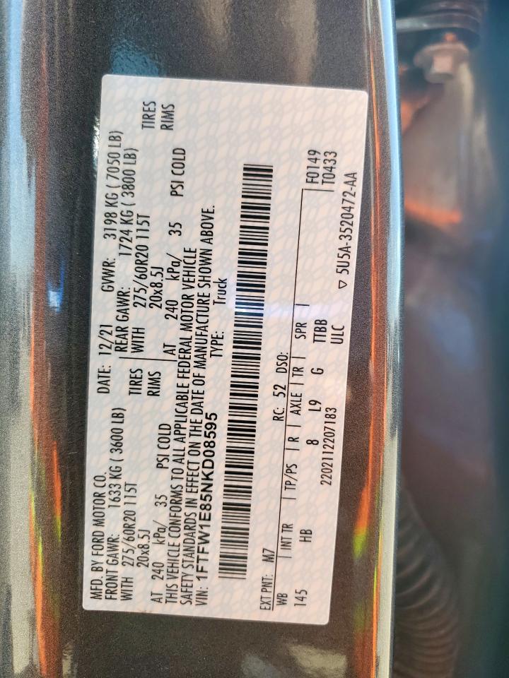 2022 Ford F150 Supercrew VIN: 1FTFW1E85NKD08595 Lot: 70254935