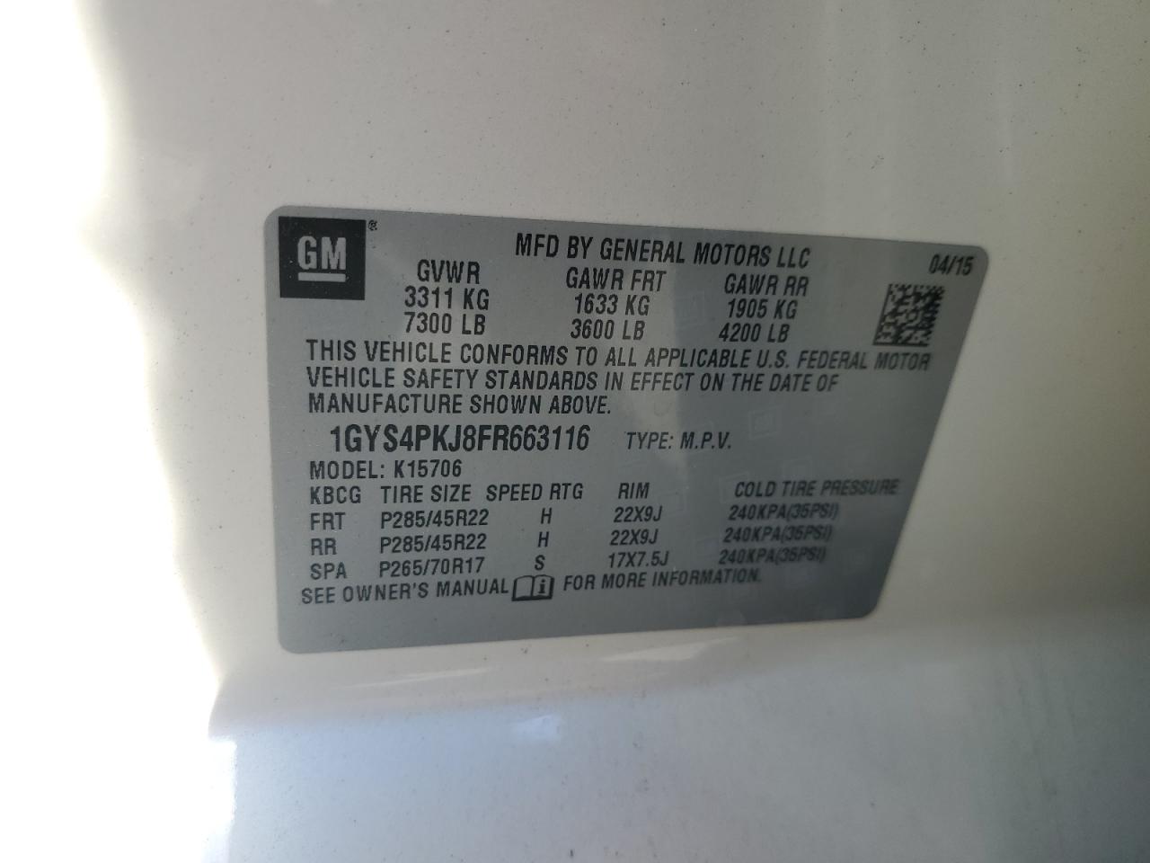 2015 Cadillac Escalade Platinum VIN: 1GYS4PKJ8FR663116 Lot: 68348915