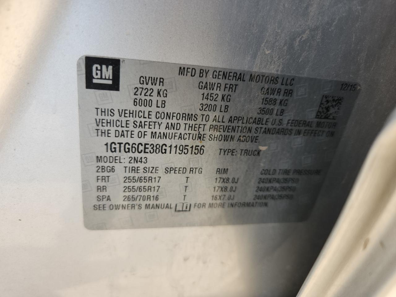 2016 GMC Canyon Sle VIN: 1GTG6CE38G1195156 Lot: 68500095