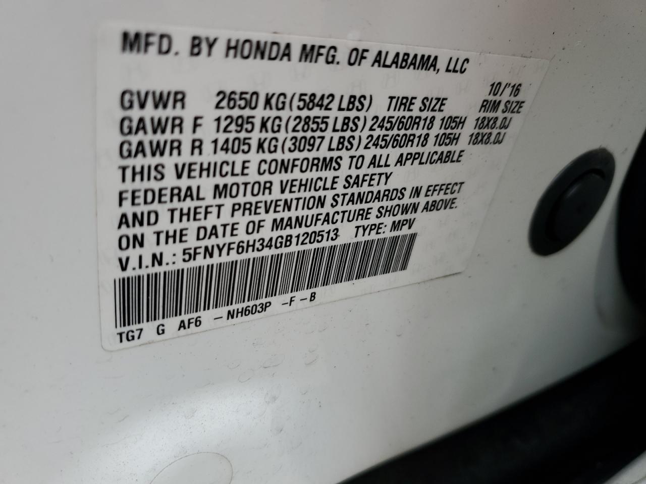 2016 Honda Pilot Ex VIN: 5FNYF6H34GB120513 Lot: 69592425