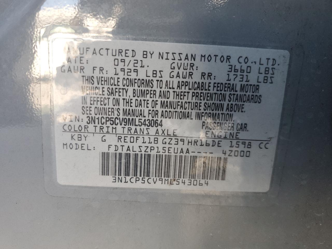 2021 Nissan Kicks Sv VIN: 3N1CP5CV9ML543064 Lot: 70251825