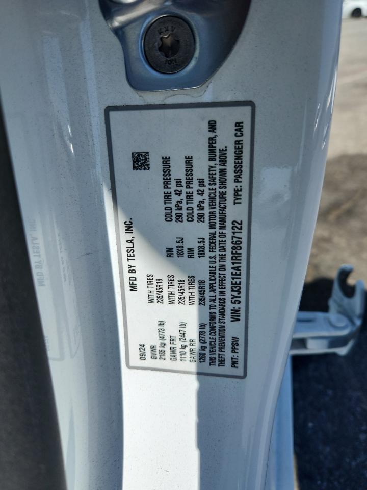 2024 Tesla Model 3 VIN: 5YJ3E1EA1RF867122 Lot: 69472145