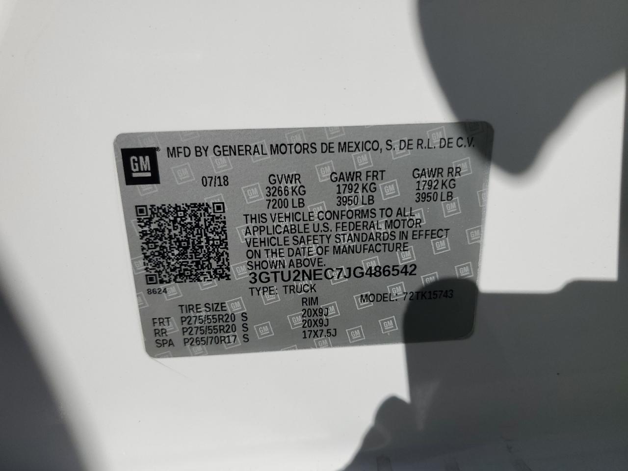 2018 GMC Sierra K1500 Slt VIN: 3GTU2NEC7JG486542 Lot: 69309425