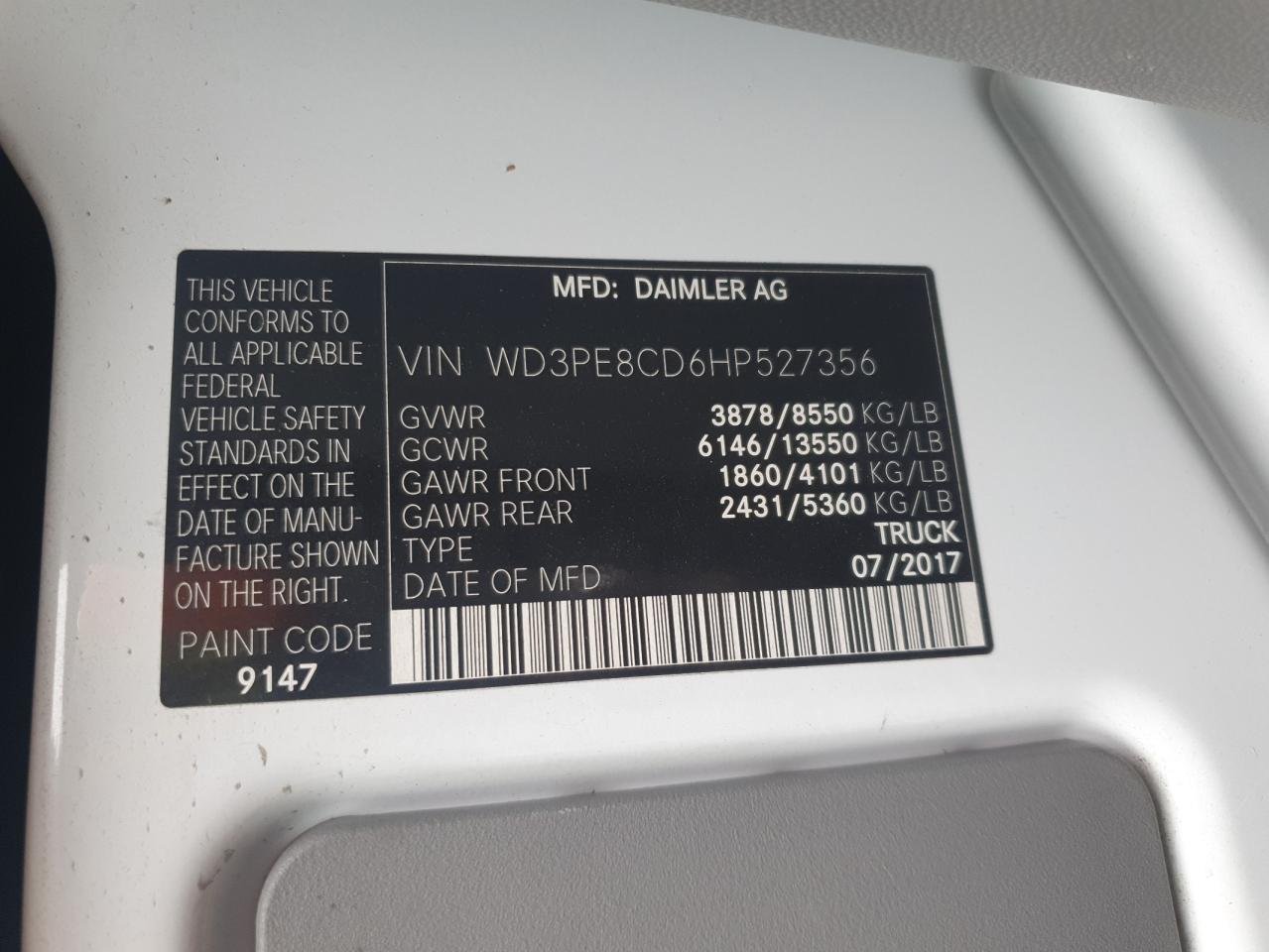 2017 Mercedes-Benz Sprinter 2500 VIN: WD3PE8CD6HP527356 Lot: 70350105