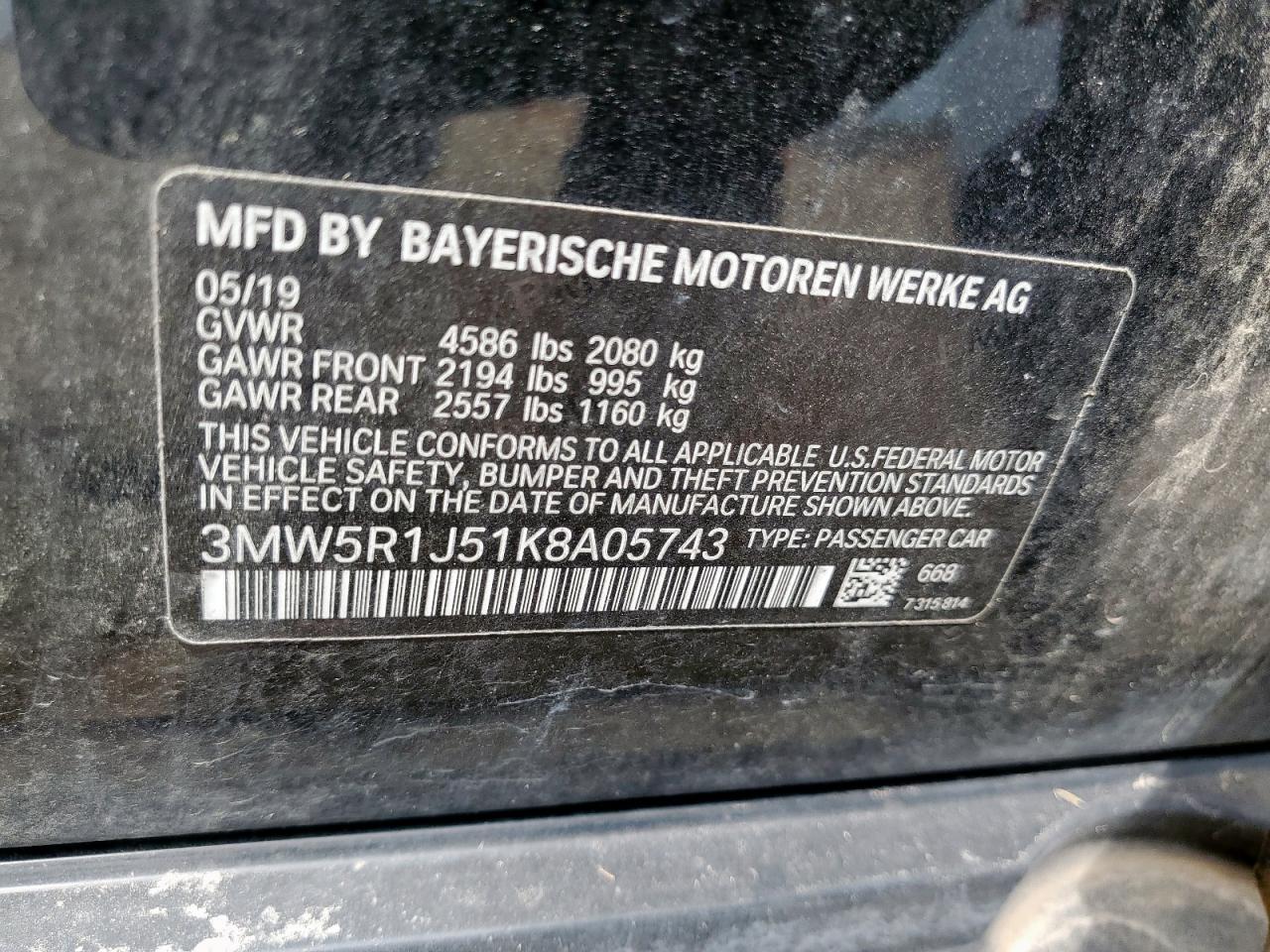 2019 BMW 330I VIN: 3MW5R1J51K8A05743 Lot: 67318705