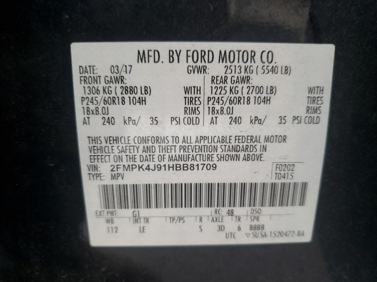 2017 Ford Edge Sel VIN: 2FMPK4J91HBB81709 Lot: 70328885