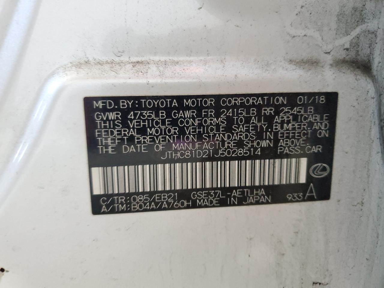 2018 Lexus Is 300 VIN: JTHC81D21J5028514 Lot: 68721855