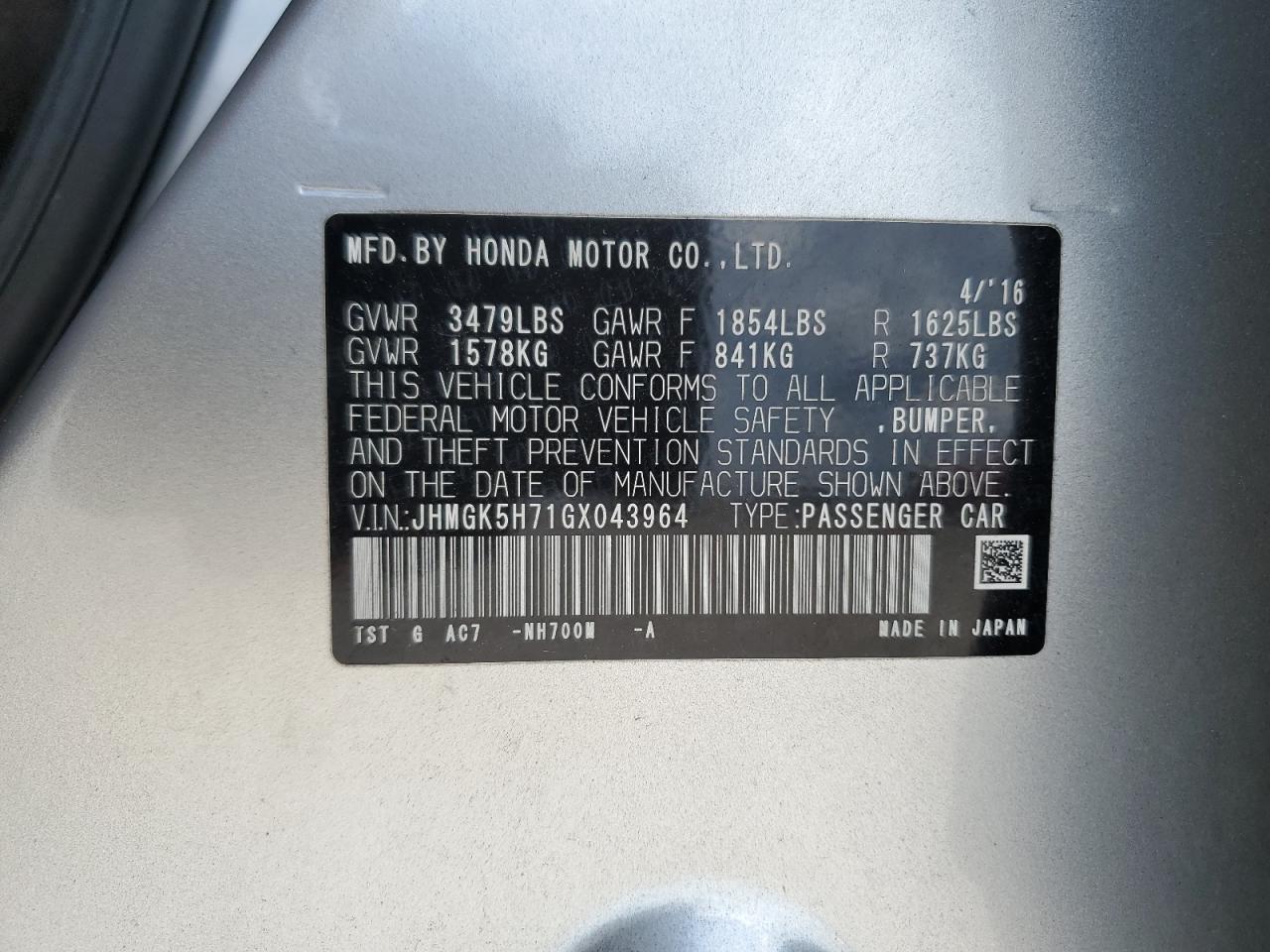 2016 Honda Fit Ex VIN: JHMGK5H71GX043964 Lot: 67629815