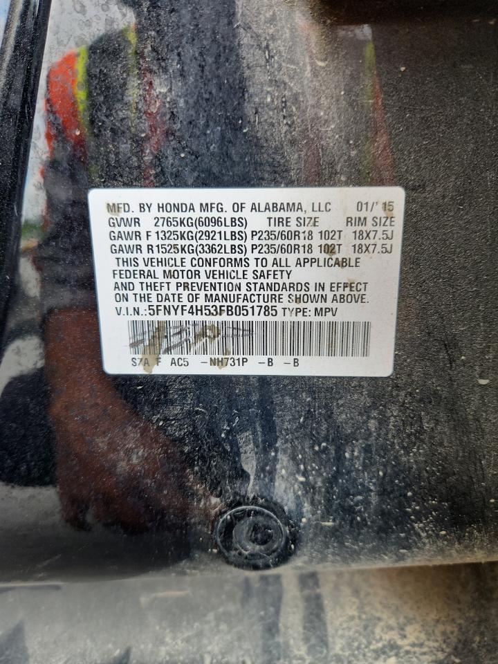 2015 Honda Pilot Exl VIN: 5FNYF4H53FB051785 Lot: 70082825