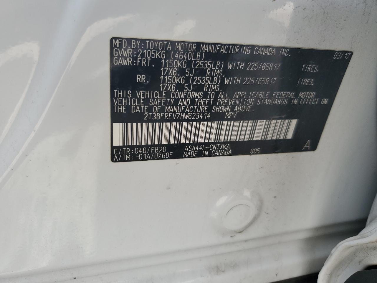 2017 Toyota Rav4 Le VIN: 2T3BFREV7HW623414 Lot: 69616585