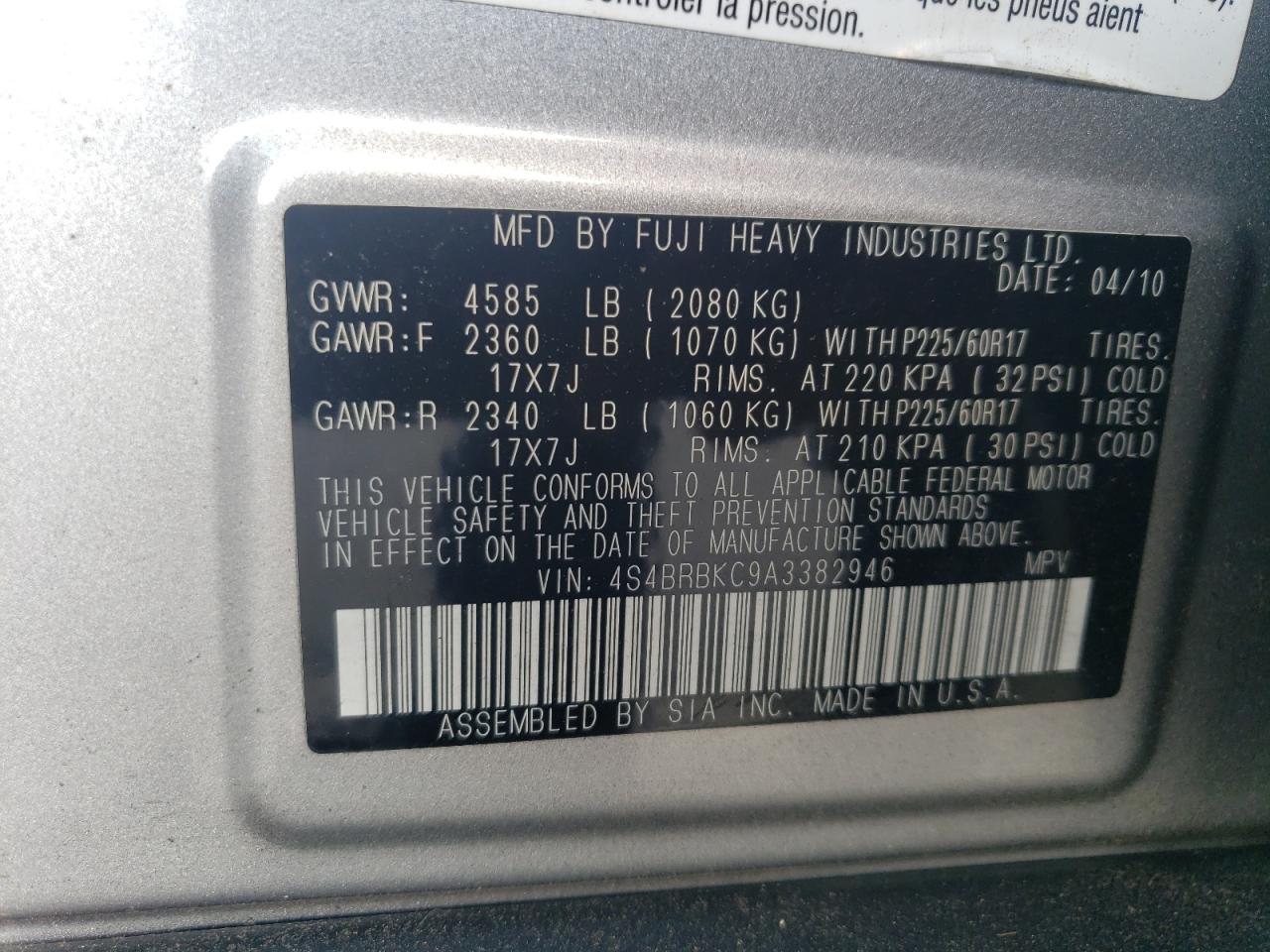 2010 Subaru Outback 2.5I Limited VIN: 4S4BRBKC9A3382946 Lot: 68899455