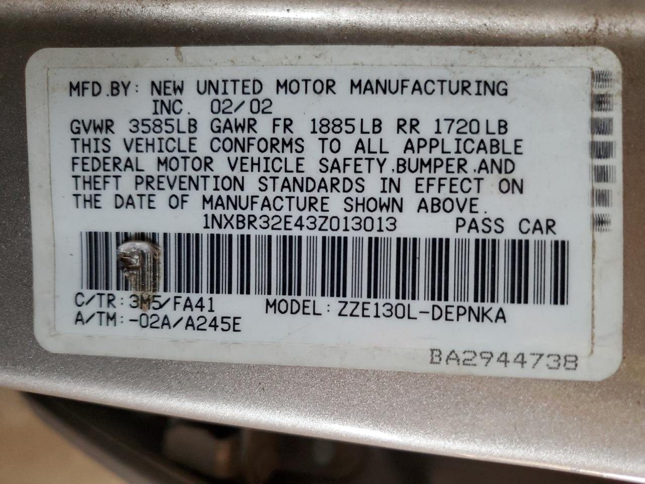 2003 Toyota Corolla Ce VIN: 1NXBR32E43Z013013 Lot: 71042965