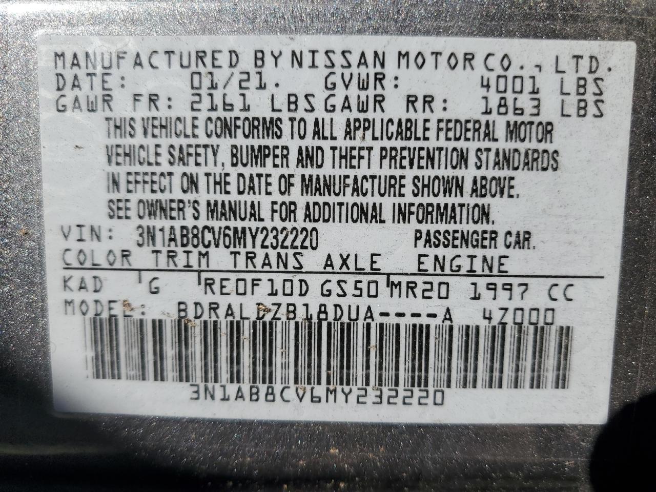 2021 Nissan Sentra Sv VIN: 3N1AB8CV6MY232220 Lot: 70623625