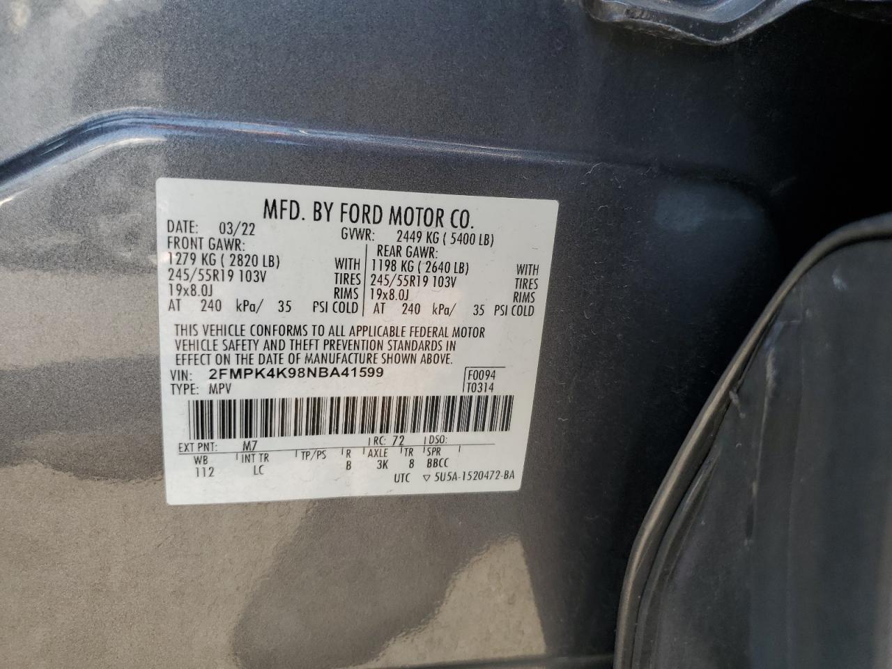 2022 Ford Edge Titanium VIN: 2FMPK4K98NBA41599 Lot: 69140055